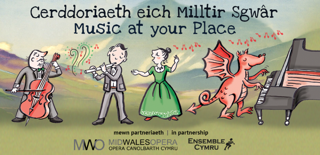 Illustrations of dragon playing piano, singer, flute player and double bass player on rural background. Bottom in partnership Mid Wales Opera and Ensemble Cymru logo 