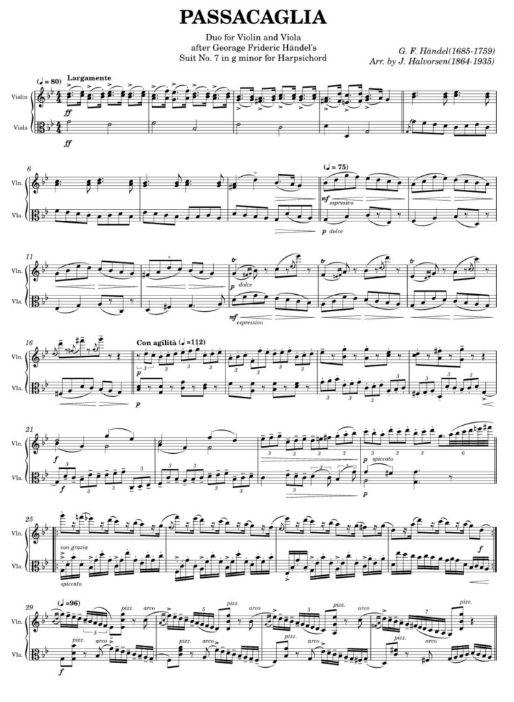 Page 1 of Halvorsen's 'Passacaglia' for Violin and Viola